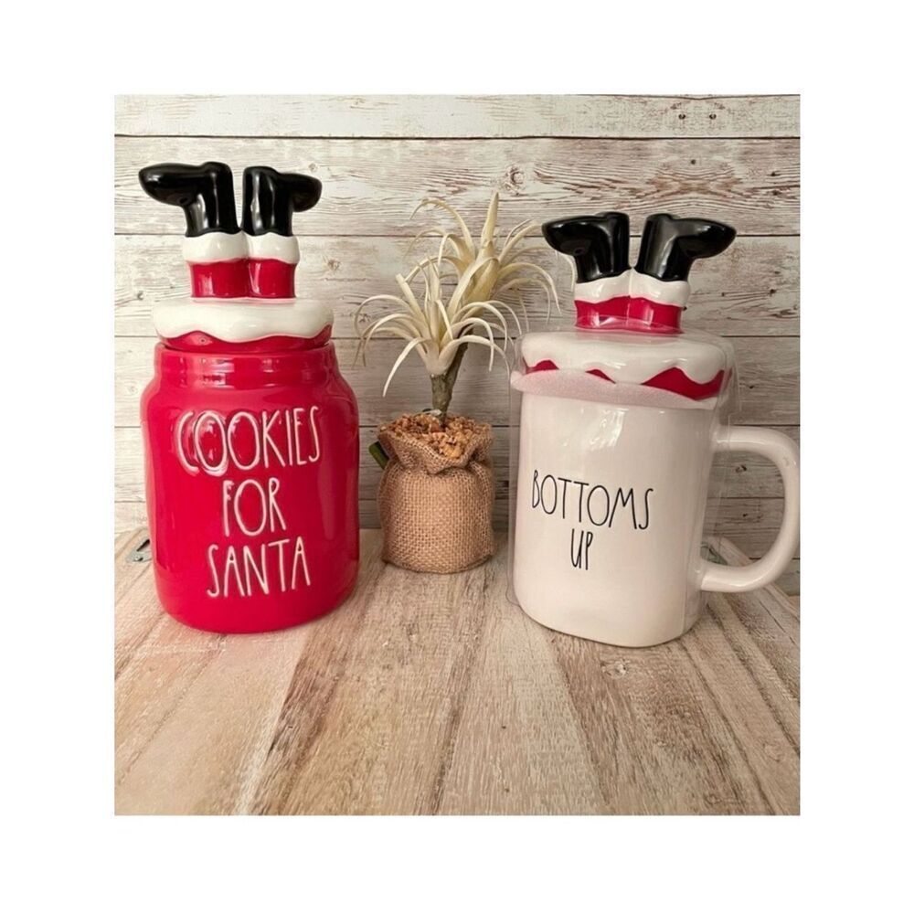 NWT Rae Dunn Glossy Ceramic Bottoms Up, Cookies for Santa Mug & Cookie Jar Set